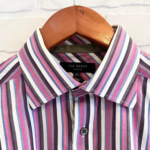 Ted Baker London Men’s Button Down Shirt Stripes Long Sleeve Purple Pink Sz 15.5 - Picture 10 of 15